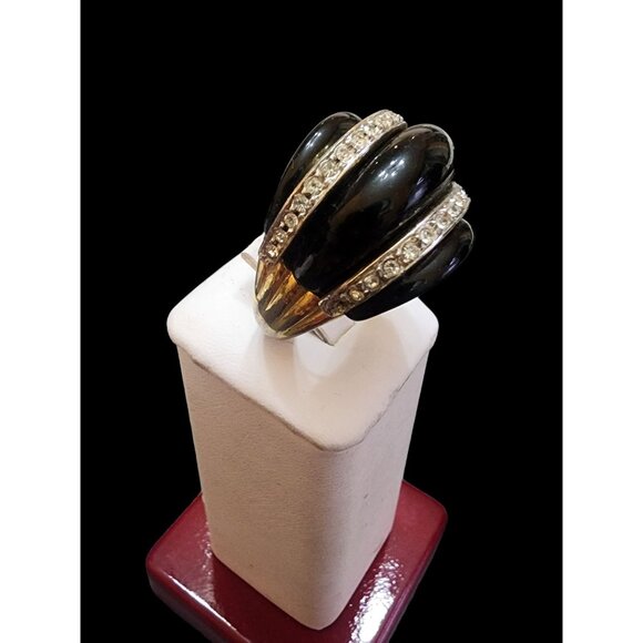 Vintage Kenneth Lane Huge Black Enamel and Rhinestone Ring Size 8.25 (A4723) - Picture 2 of 6